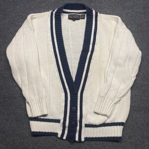 VTG TARAZZIA Cricket Cardigan Sweater Unisex Cream Navy Grandma Chunky Med